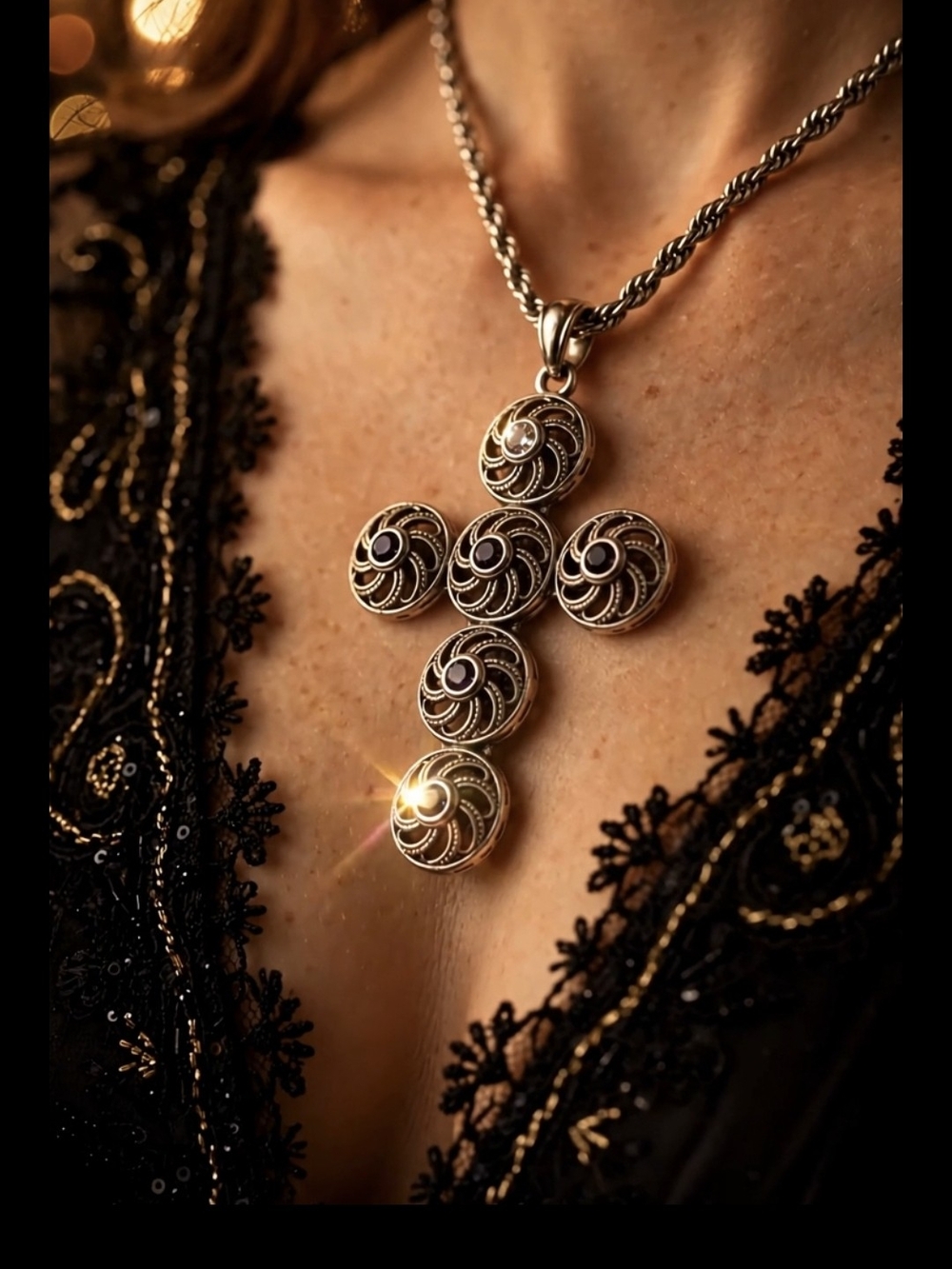 Elegant Sterling Silver Cross Pendant Necklace with Blue Accents